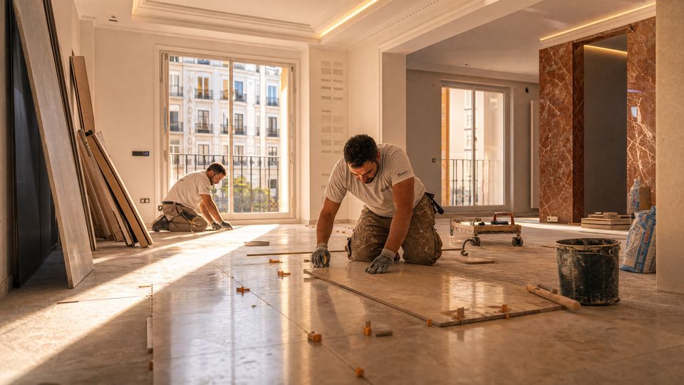 Instalación de suelo laminado durante una reforma integral de vivienda en Madrid
